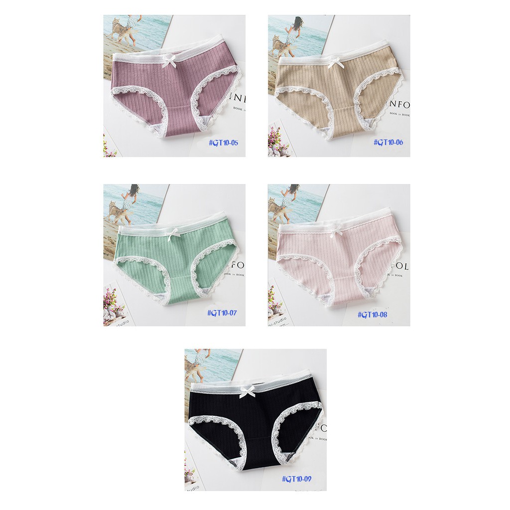 [Set 5 quần] quần lót nữ cotton gân tre co dãn phối viền ren đính nơ hiện đại GT10-5