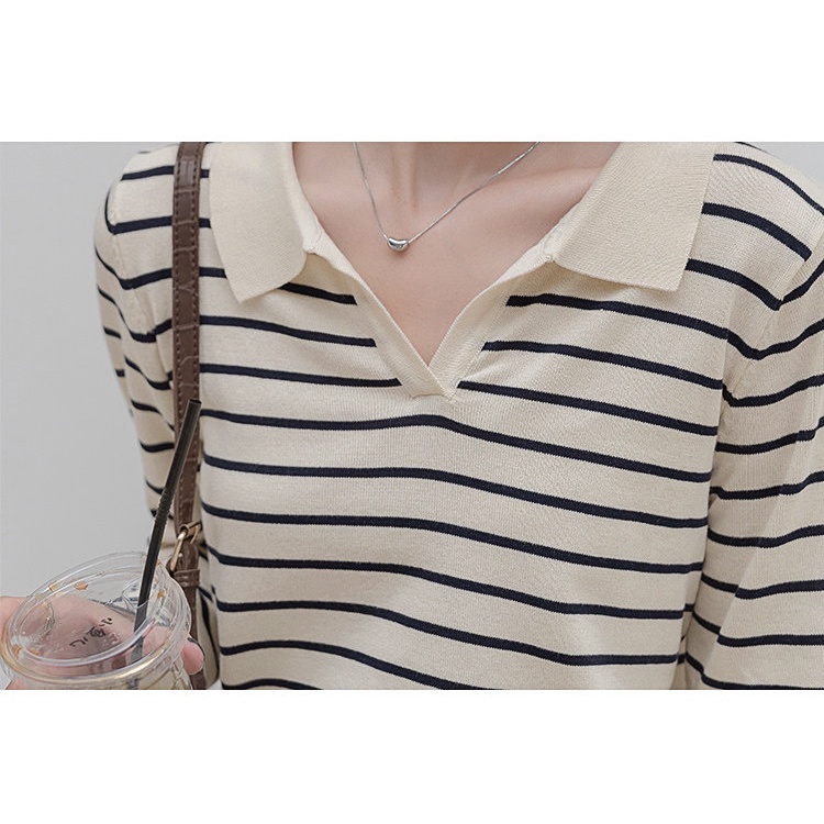 Áo Sweater  len cổ polo nữ dài tay kẻ ngang,  Thun Dệt Kim Tay Dài Cổ Chữ V Dáng Rộng Hàn Quốc  sọc ngang | BigBuy360 - bigbuy360.vn