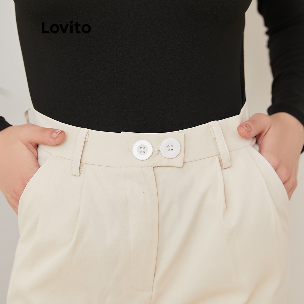 Lovito Quần ống thẳng lưng thun trơn vừa phải L21EN137 (Trắng nhạt)