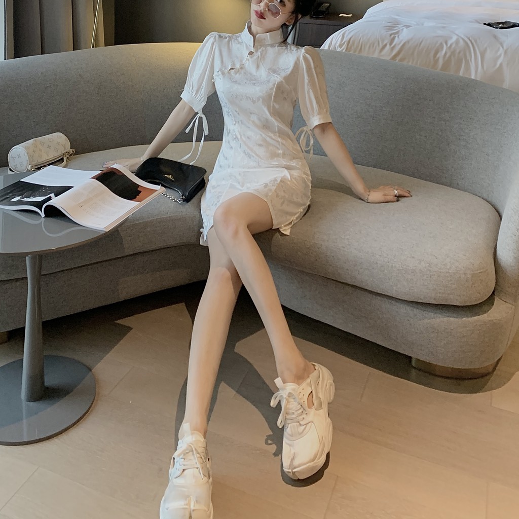 Đầm dáng ôm tay ngắn mini cổ tàu sườn xám Emilyshop
