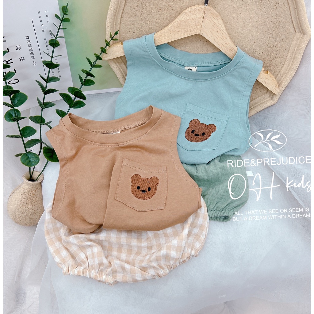 Bộ đũi quần chip áo ba lỗ thêu gấu cho bé bé từ 6-16kg