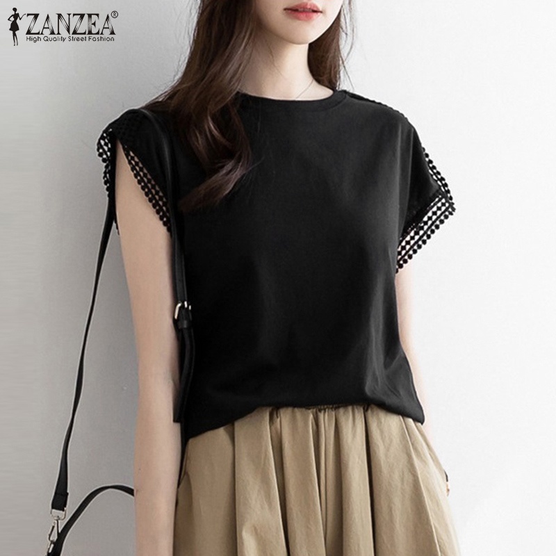 Áo thun ZANZEA cổ tròn tay ngắn phối ren phong cách Hàn Quốc thời trang cho nữ
