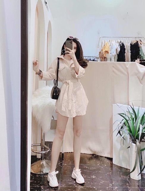 S952 Set Áo Sơ Mi Dáng Dài Che Mông May Túi Ngực Cá Tính Mix Quần Short Kẻ Ly Kèm Dây Lưng Buộc Eo