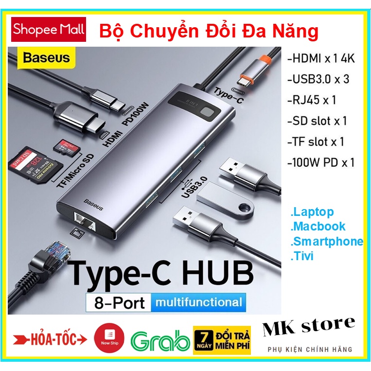 Bộ Chuyển Đổi Đa Năng Baseus 8 in 1 HUB HDMI 4K , USB 3.0 ,PD 100W , SD 2.0 , LAN Cho laptop ,Macbook , Samsung , Tivi .