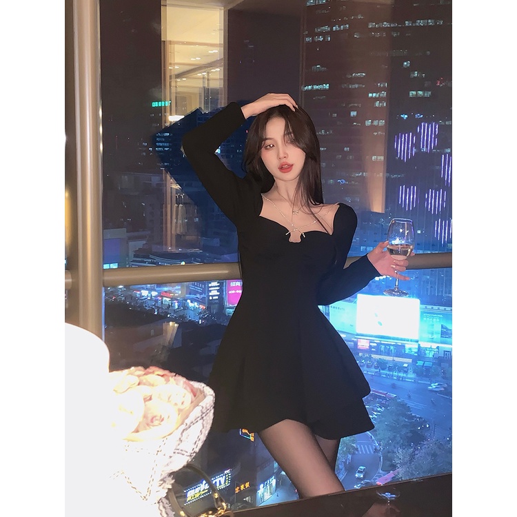 Đầm nữ dài tay cổ vuông hàng Quảng Châu cao cấp đầu xu hướng mùa thu váy ngắn ngọt ngào tiểu thư