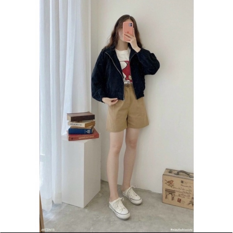 Áo khoác nhung tăm có nón nữ phối túi tay dài form lửng