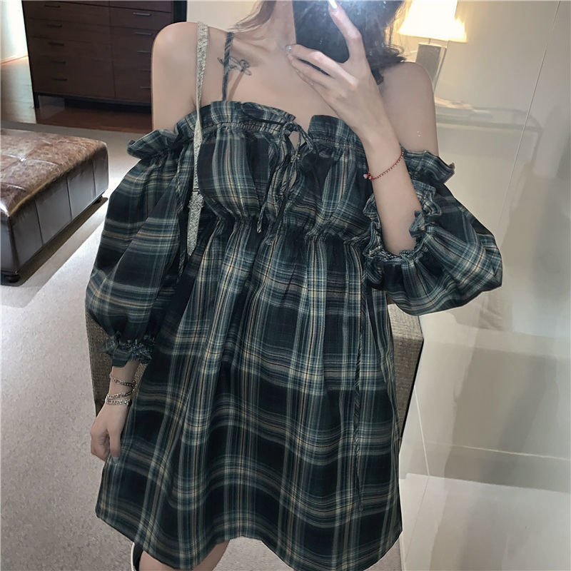 Đầm Caro Trễ Vai Tay Phồng Thời Trang Retro Dành Cho Nữ | BigBuy360 - bigbuy360.vn