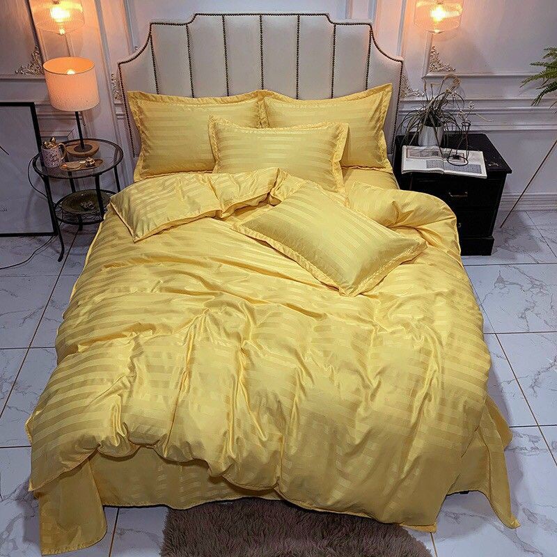 BỘ CHĂN GA COTTON TICI NHÂP KHẨU 3F KẺ SỌC VÀNG