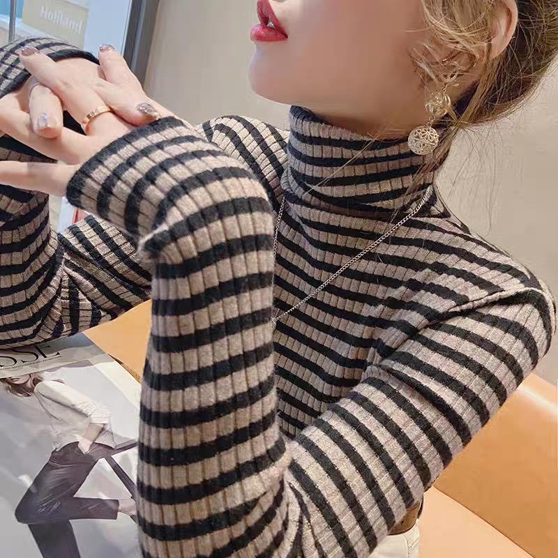 Áo Sweater Cổ Cao Dáng Ôm Họa Tiết Kẻ Sọc Thời Trang Thu Đông 2022 Mới