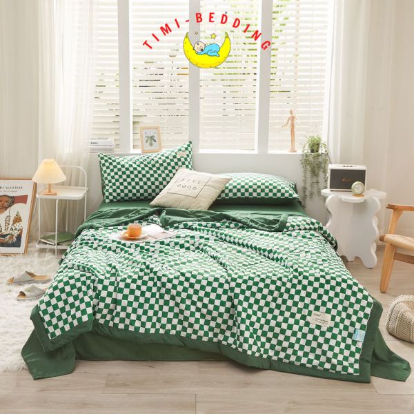 Bộ chăn ga gối cotton tici chăn trần kẻ cao cấp nhập khẩu 4 món – drap trải giường – Timibedding