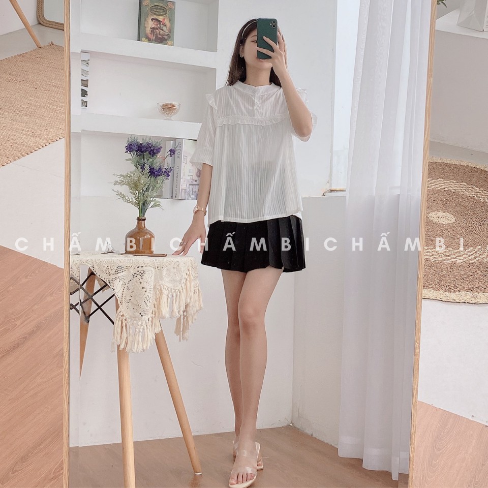 Áo Kiểu Cộc Tay Cổ Tàu Ba Cúc Ngực Viền Bèo Dáng Babydoll Siêu Đáng Yêu Freesize<52Kg -  A.185 | BigBuy360 - bigbuy360.vn