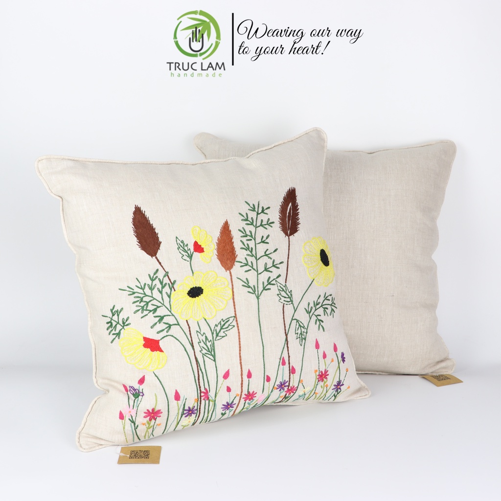 Gối/Vỏ Gối Vuông Tựa Lưng Sofa (45x45) Trang Trí Phòng Vải Linen Thêu Thủ Công Cánh Đồng Hoa Vàng – Trúc Lâm Handmade