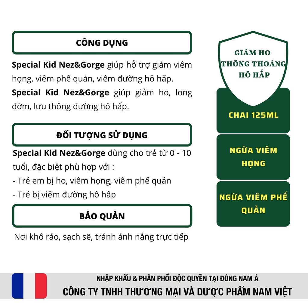 Siro giảm ho, ngăn ngừa viêm họng, viêm phế quản, viêm hô hấp - Special Kid Nez &amp; Gorge - 125ml [Eric Favre - Pháp]