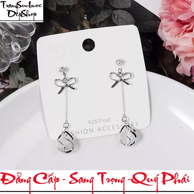 Bông tai nữ đính nơ và đá mắt mèo long lanh phong cách Hàn Quốc siêu dễ thương thích hợp đi chơi và dự tiệc