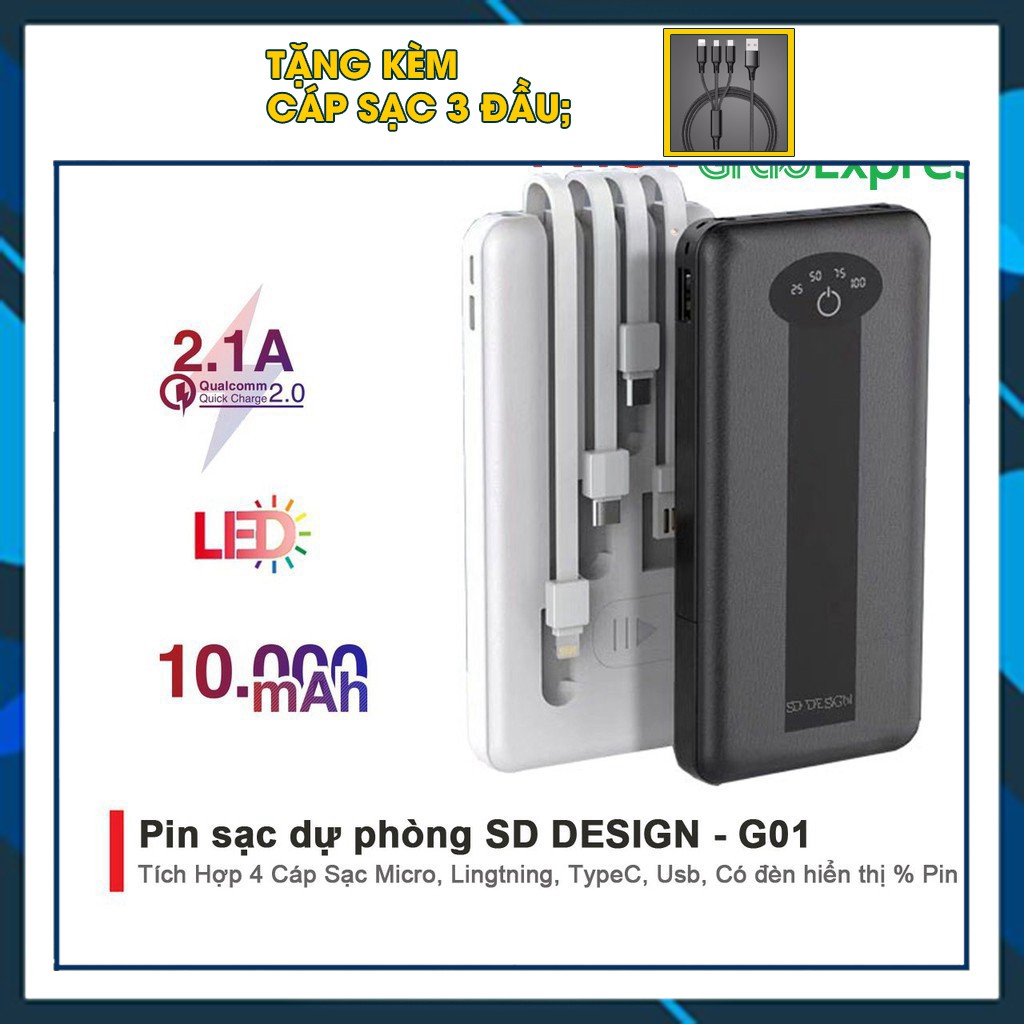 Sạc dự phòng SD DESIGN G01 dung lượng 10000 mAh có 3 cáp sạc lighting type-c micro có đèn pin bảo hành 12 tháng 1 đổi 1