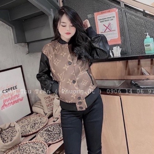 Áo khoác bomber dạ nâu lv pha tay da hot hit siêu đẹp l1 lina