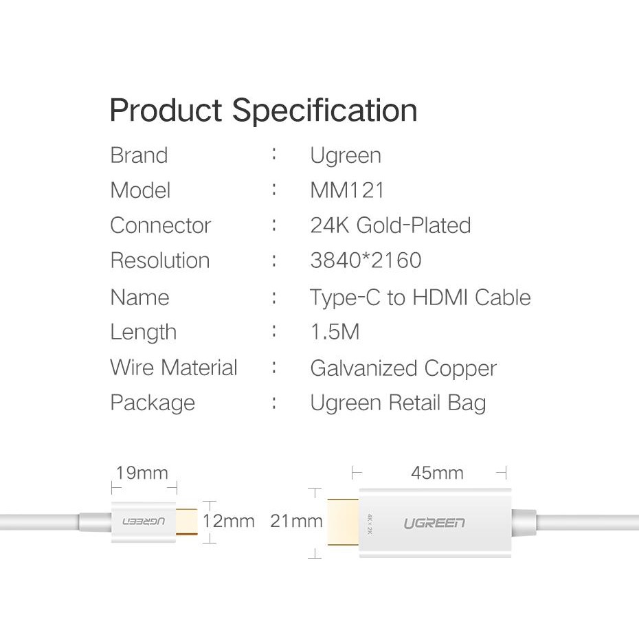 [Mã ELHACE giảm 4% đơn 300K] Cáp USB Type-C ra HDMI 4K*30Hz Cao Cấp UGREEN