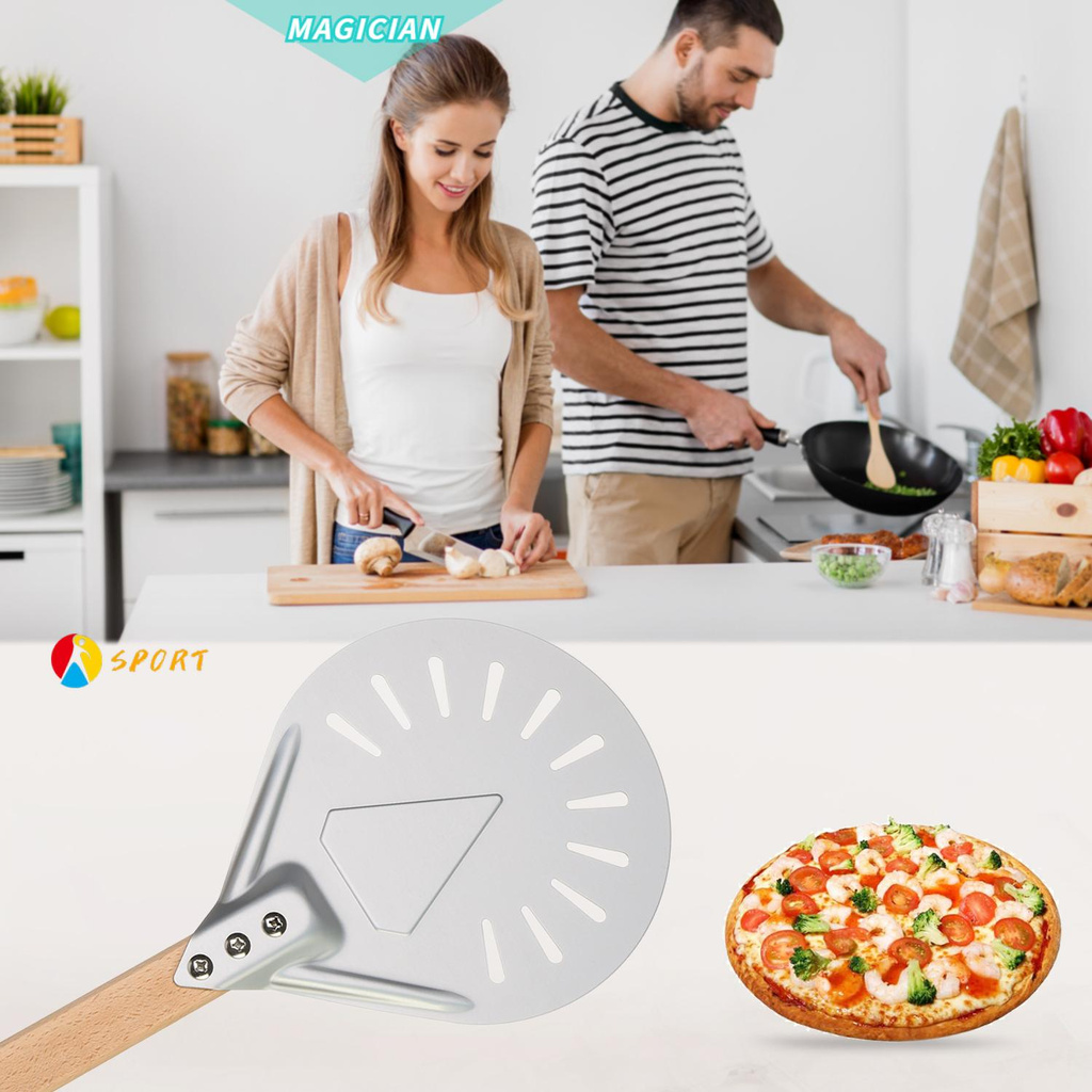 🔸MAGIC🔹 Aluminum Pizza Peel Bakers Shovel Perforated Grill Non-slip Wood Handle Bread Paddle