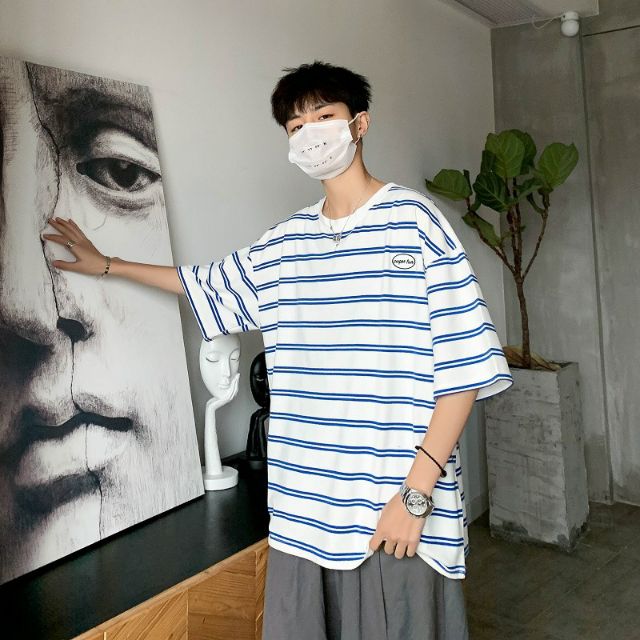 ÁO THUN TAY LỠ UNISEX NAM NỮ KẺ NGANG LOGO NGỰC