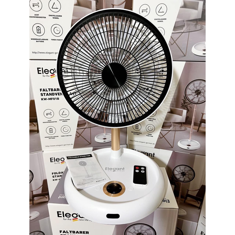 Quạt tích điện gấp gọn Elegant 8h hoạt động, điều khiển từ xa 10m, gấp gọn phù hợp mọi không gian - Hàng Đức