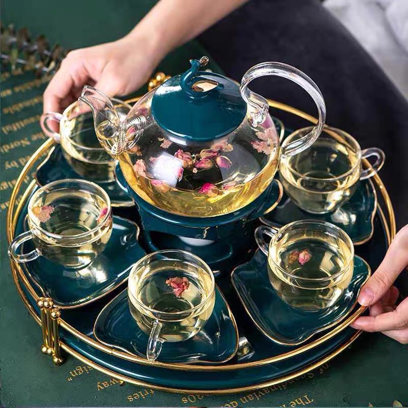 [ẢNH THẬT] Bộ ấm trà có đế đun hình con công xanh, khay sứ tròn, cốc thủy tinh cách điệu 7.98