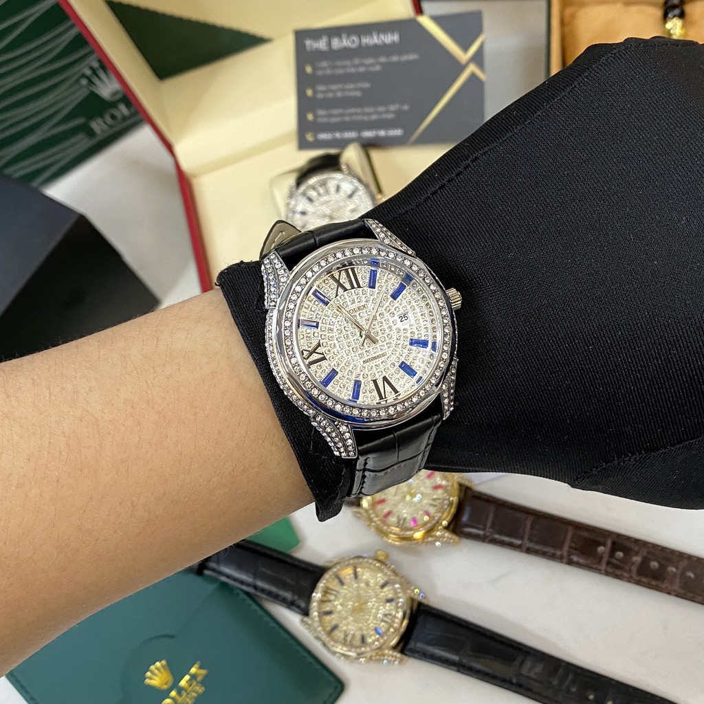 [Fullboxx 1:1] Đồng hồ nam Rolex đính đá full box dây da - bảo hành 12 tháng