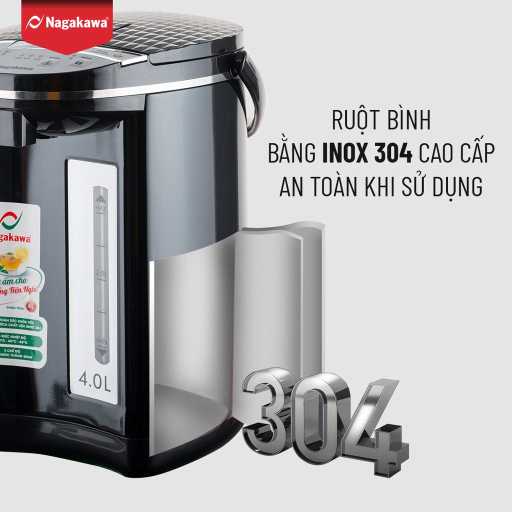 Bình thủy điện Inox 304 Nagakawa NAG0404 (4L) - Bảo hành 12 tháng - Hàng chính hãng