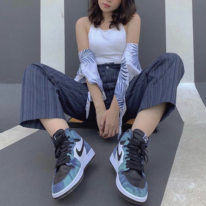Giày thể thao Jordan 1 tie dye mid, giày sneaker JD1 nam nữ cổ cao Xanh loang đậm nước biển cực chất