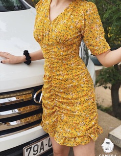 🍭Đầm hoa nút bọc nhúng eo chân bèo🍭