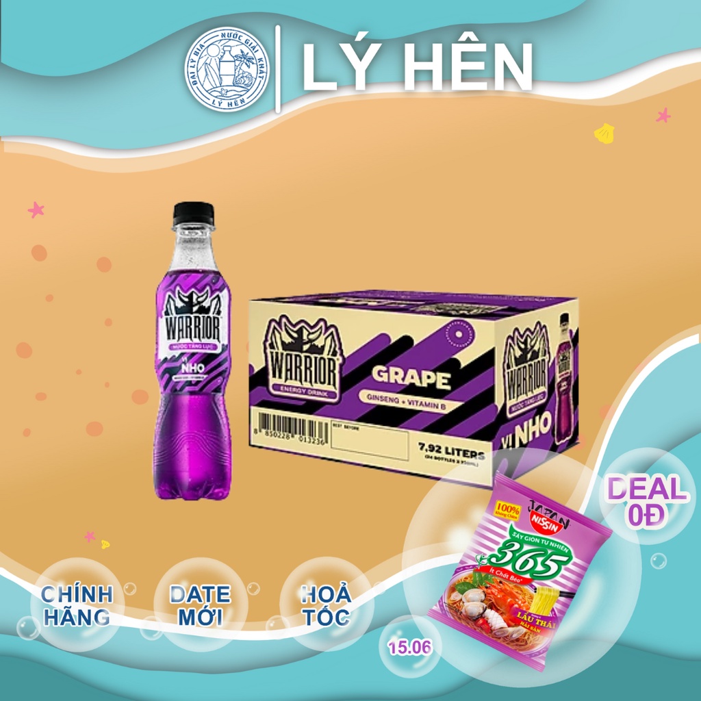 Thùng 24 Chai Nước Uống Tăng Lực Warrior Nho Tím Thái Lan - Energy Drink Chai Nhựa 330ml Date Luôn Mới