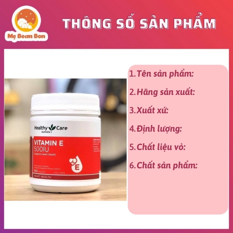 Vitamin E Heathycare 500IU 200 Viên Giúp Đẹp Da, Phục Hồi Da Cháy Nắng Lão Hoá Gíup Mượt Tóc Từ 12 Tuổi Mebeanbonshop