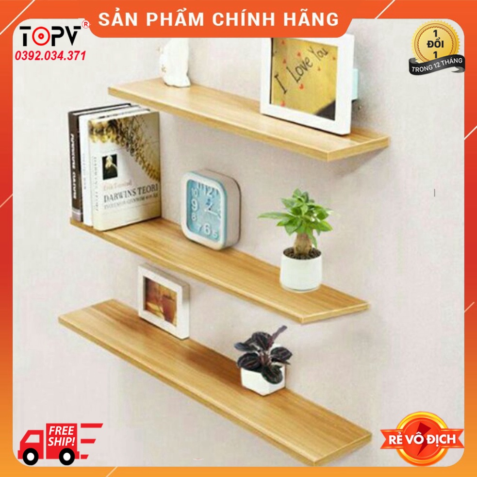 Kệ gỗ treo tường decor TopV giá trang trí bằng thanh gỗ ngang gắn tường mini phòng khách phòng ngủ vân gỗ TopVHCM