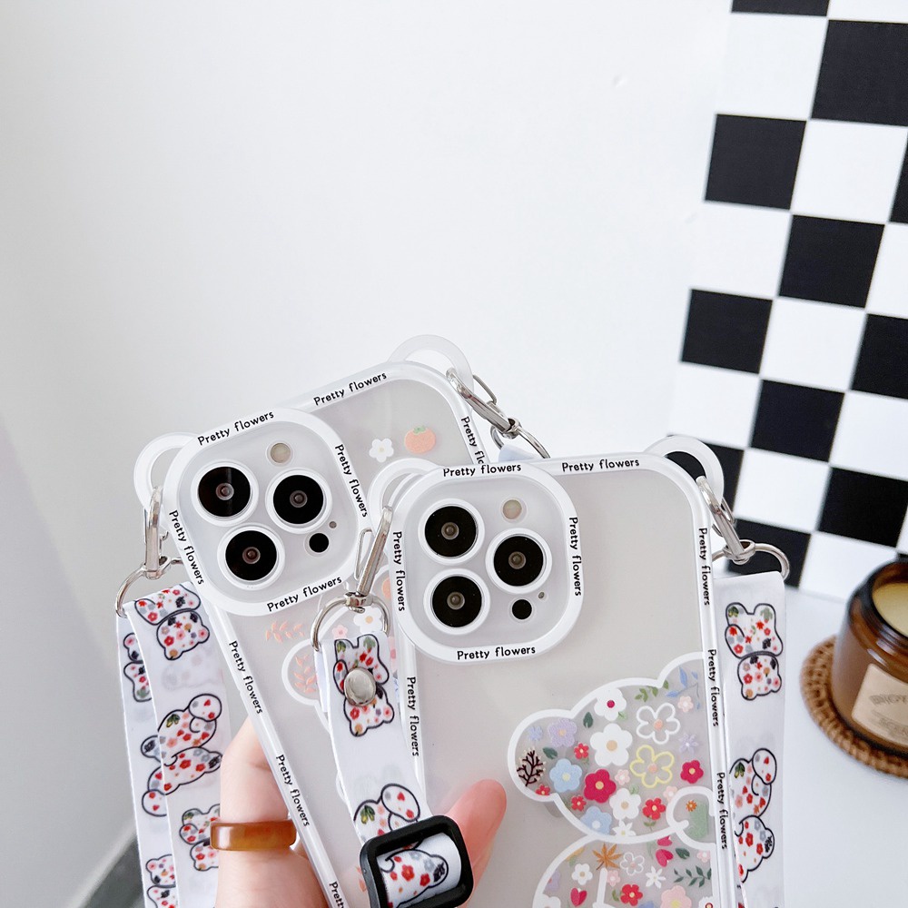 Dễ Thương Ốp Điện Thoại Họa Tiết Hoa / Gấu Kèm Dây Đeo Cho iphone 15 14 13 11 12 pro max x xs max 7 8 plus