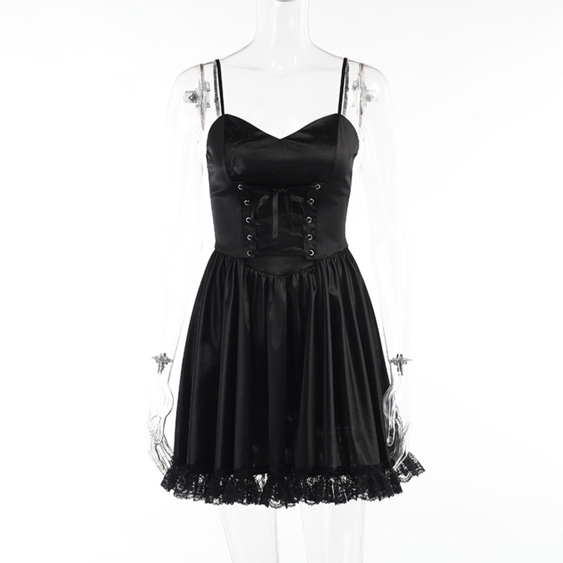 Đầm Chữ A Màu Đen Cột Dây Phong Cách Gothic Thời Trang Quyến Rũ Cho Nữ