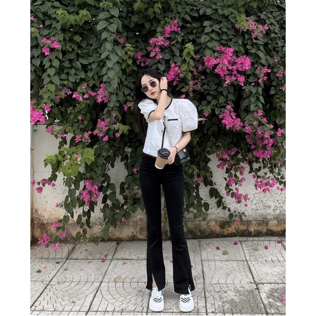 Áo Sơ Mi Xốp Cúc Ngọc Tay Phồng 2 Màu Đen trắng, Áo Xốp Phồng Cao Cấp