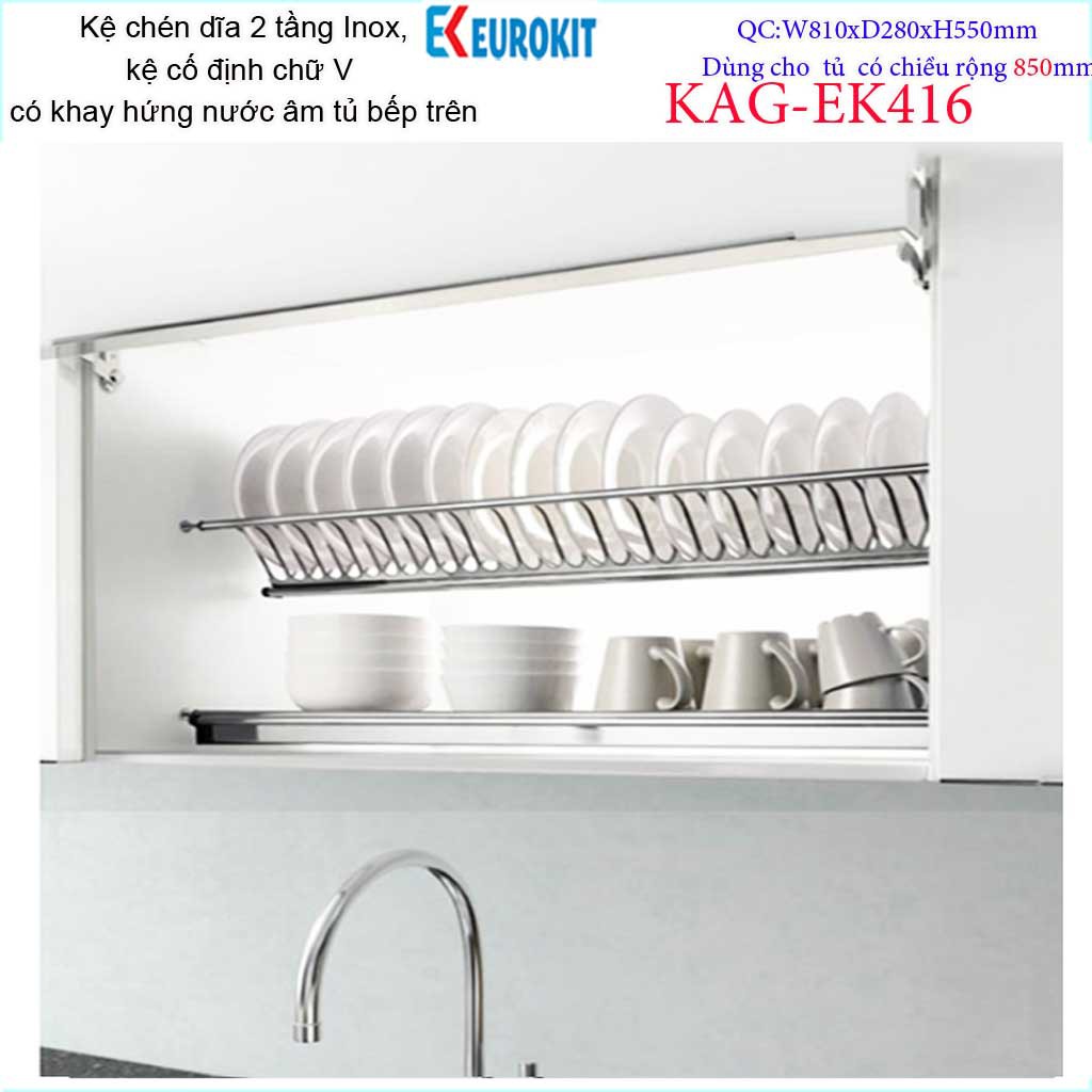 Kệ  chén dĩa âm tủ chữ V KAG-EK416-85cm, Kệ chén bát 2 tầng Eurokit inox bóng cao cấp