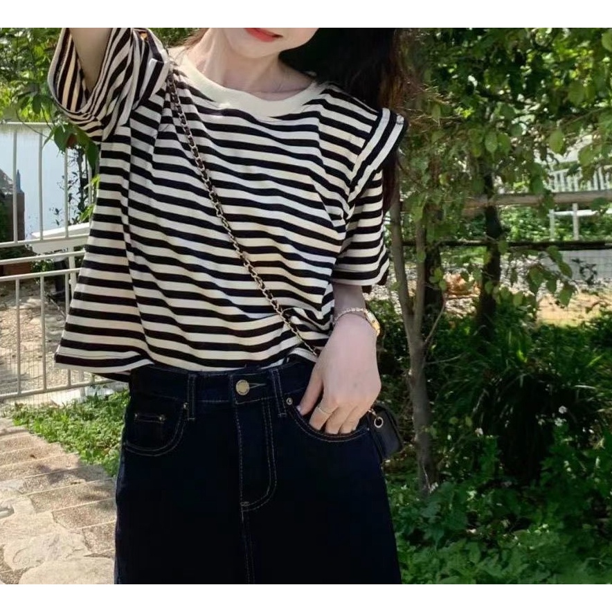 Set Áo Thun Ngắn Tay Họa Tiết Sọc Ngang Và Chân váy jean Thời Trang Dành Cho Nữ