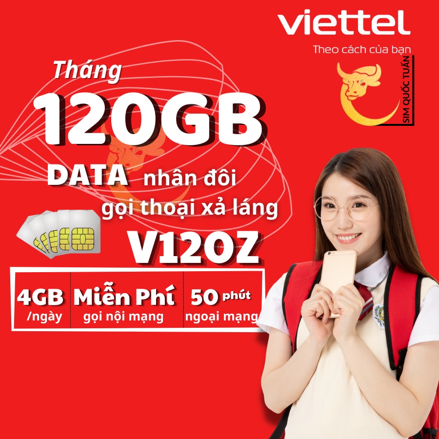 [Số đẹp rẻ ]Sim 4G Viettel  V120 tặng 120GB/tháng miễn phí nghe gọi dùng cho máy tính bảng,điện thoại,wifi