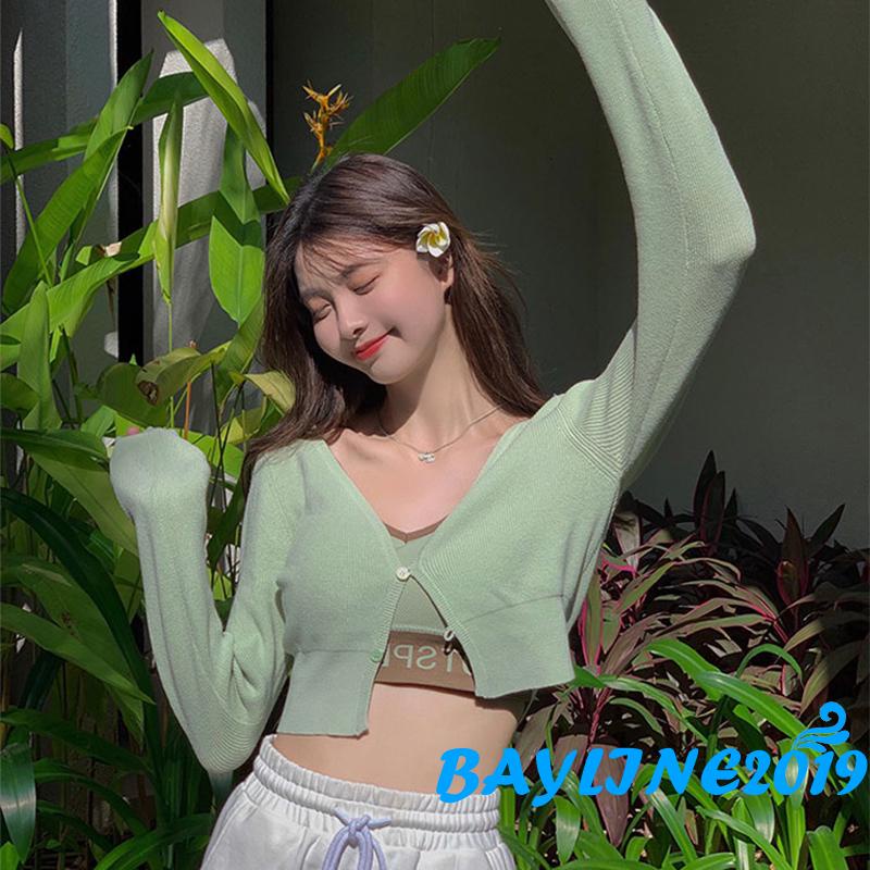 Áo croptop dệt kim tay dài cổ chữ v màu sắc đơn giản cho nữ