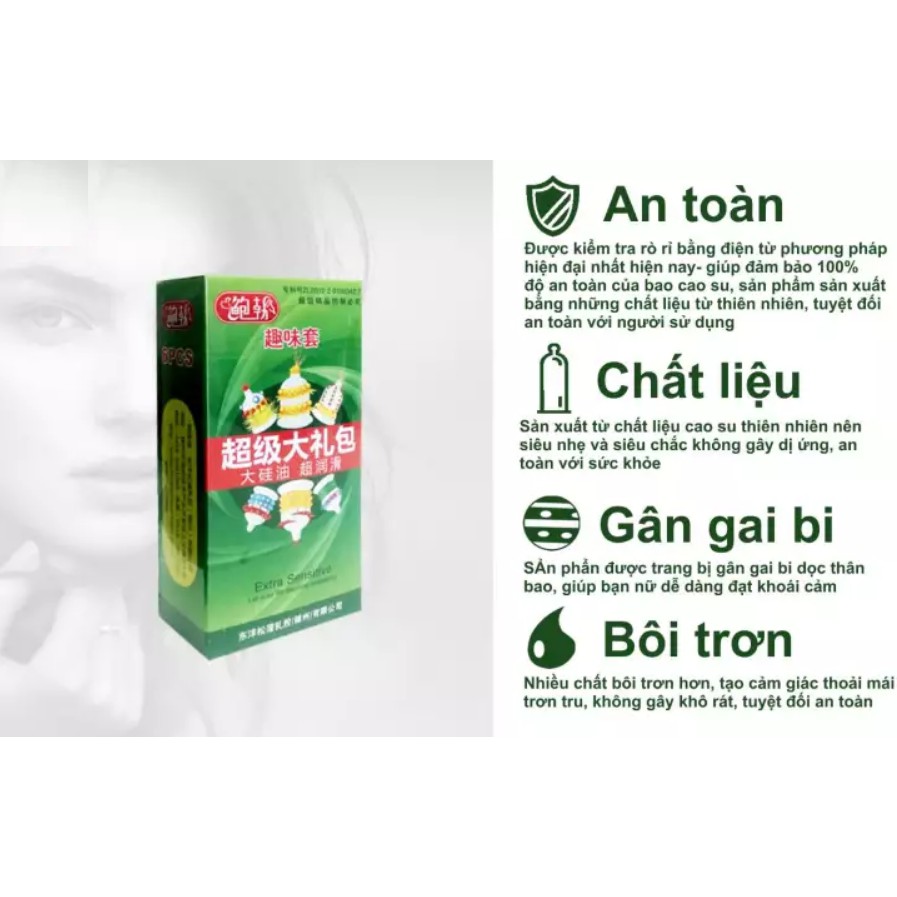 [CỰC HOT] Hộp 6 cái 6 kiểu Bao cao su EXTRA SENSITIVE Siêu Gân Gai Đôn Vòng Bi Lớn, Mạng Lại Cảm Giác Cực Mạnh Cho Cả 2.