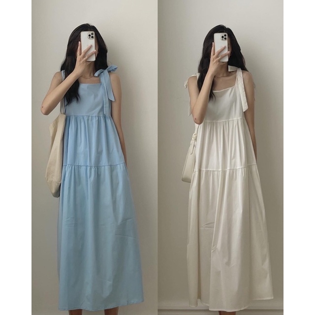 Váy hai dây dáng dài 2 lớp buộc nơ vai, Đầm Babydoll hay dây bản to 2 lớp - Dorita Boutique