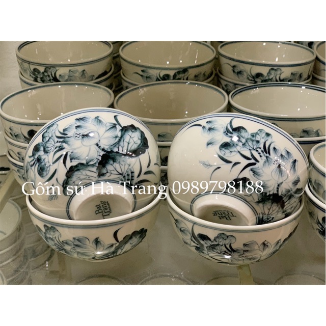 Combo 10 Bát cơm gốm sứ Bát Tràng cao cấp không chì vẽ sen hàng xuất dư siêu đẹp