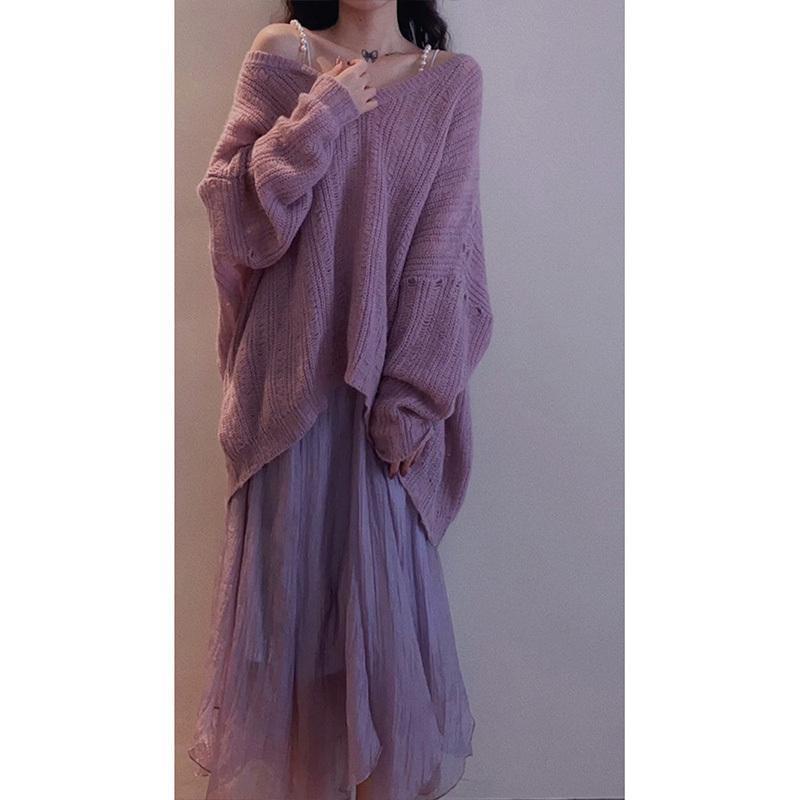 Bộ Áo sweater Hoa Chuông + Chân Váy Màu Tím Phong Cách Pháp Thời Trang Mùa Thu Cao Cấp Cho Nữ