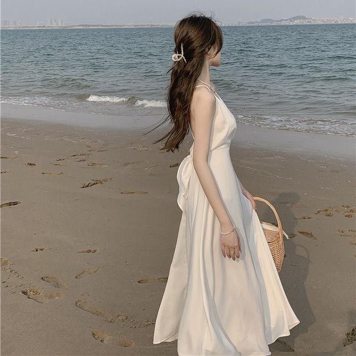 Đầm hai dây dáng dài thắt nơ phong cách quyến rũ dành cho nữ, Đầm trắng đi biển dáng ôm màu trắng - VD05