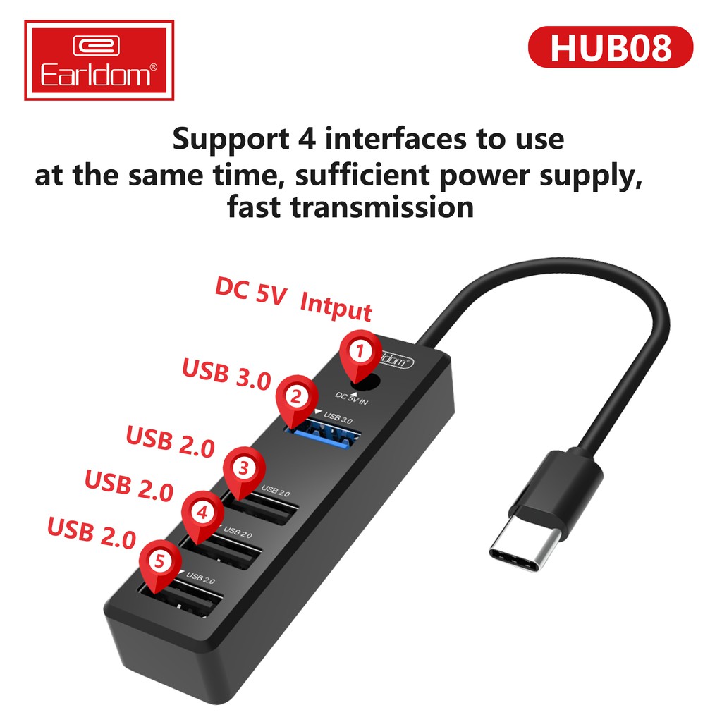 Hub Chuyển USB Type C ra 1 cổng USB 3.0 + 3 Cổng USB 2.0 + 5V DC Earldom HUB 08 - Hàng Chính Hãng