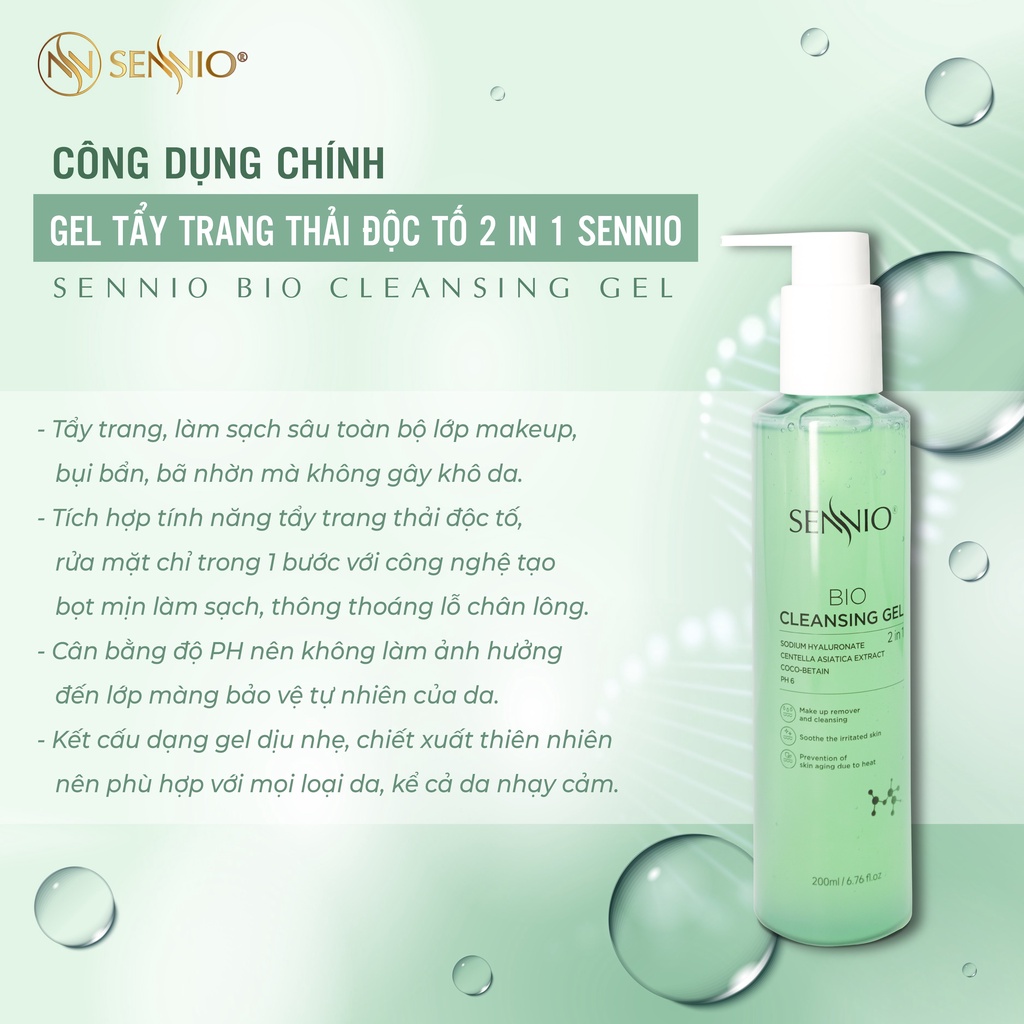 Nước tẩy trang không cồn Sennio Bio Gel Cleanser dạng gel thải độc 2 in 1 phù hợp cho da dầu mụn 200ml SNO 826