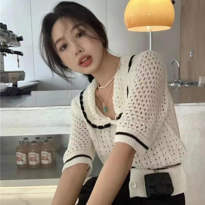 Áo cardigan dệt kim ZHELIHANGFEI tay ngắn cổ búp bê dáng rộng thời trang dễ thương xinh xắn cho nữ