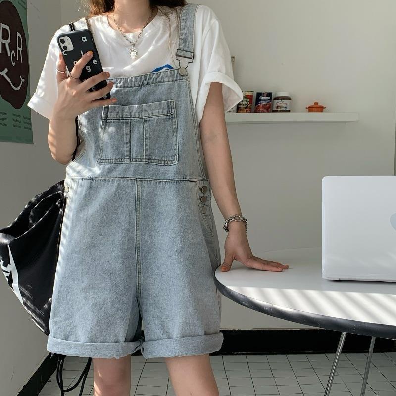 Quần Yếm Denim Ngắn Dáng Rộng Phong Cách Retro Nhật Bản Ngọt Ngào Cho Nữ