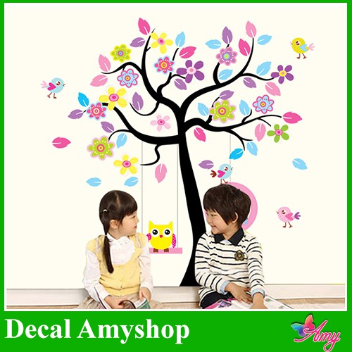 Decal dán tường cho bé Hình Cây đủ màu và tổ chim cú dễ thương - Decal AmyShop