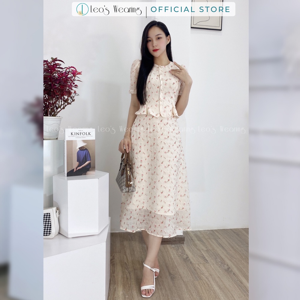 Set váy hoa chân váy midi dáng xuông dài mix áo sơ mi cổ tròn ngắn tay peplum may 2 lớp LEOSWEARING L168